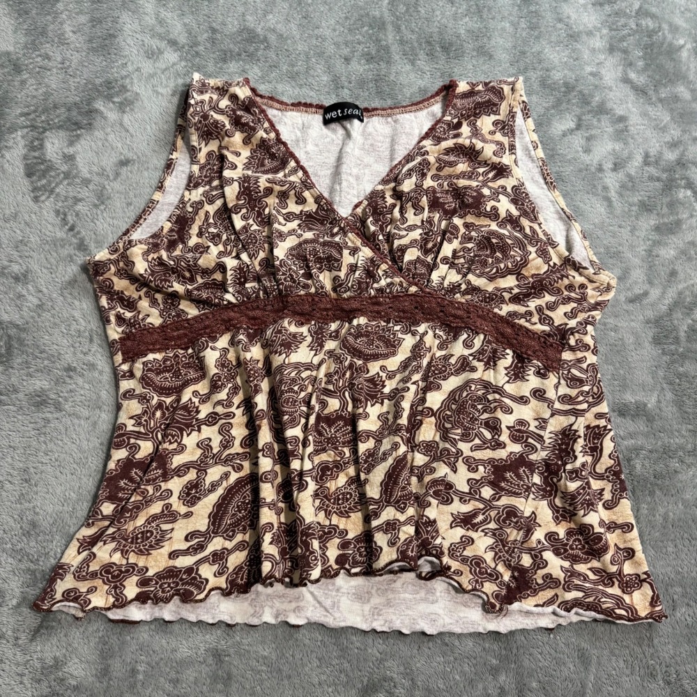 VTG Y2K Wet Seal Brown Cream Paisley Floral Lace Trim Babydoll Tank Top Small